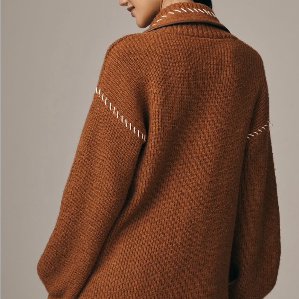 Maeve Anthropologie faux leather Brown Sweater with White Stitching - Picture 3 of 4
